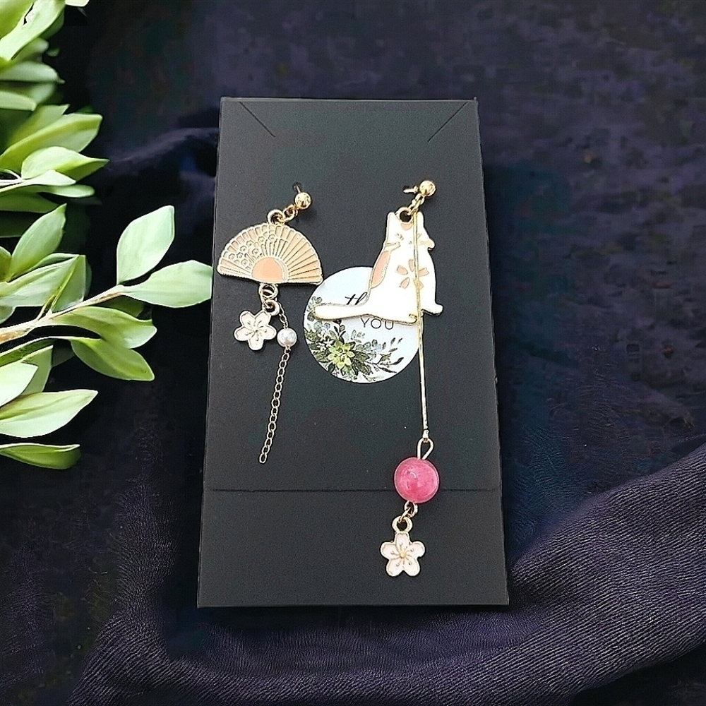 Cat And Fan Mixed-Matched Enamel Earrings